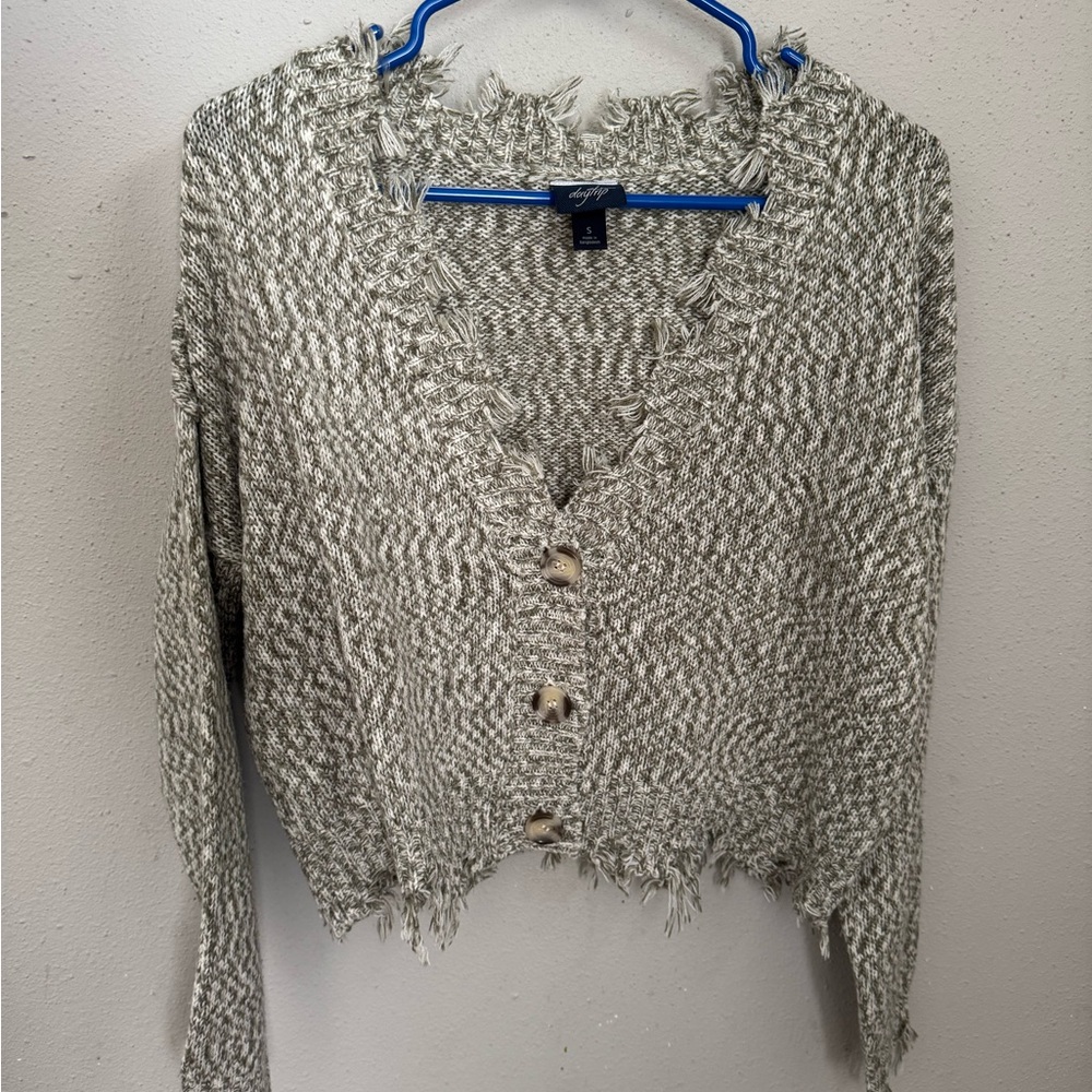 Daytrip Frayed Hem Cardigan - Gray and White